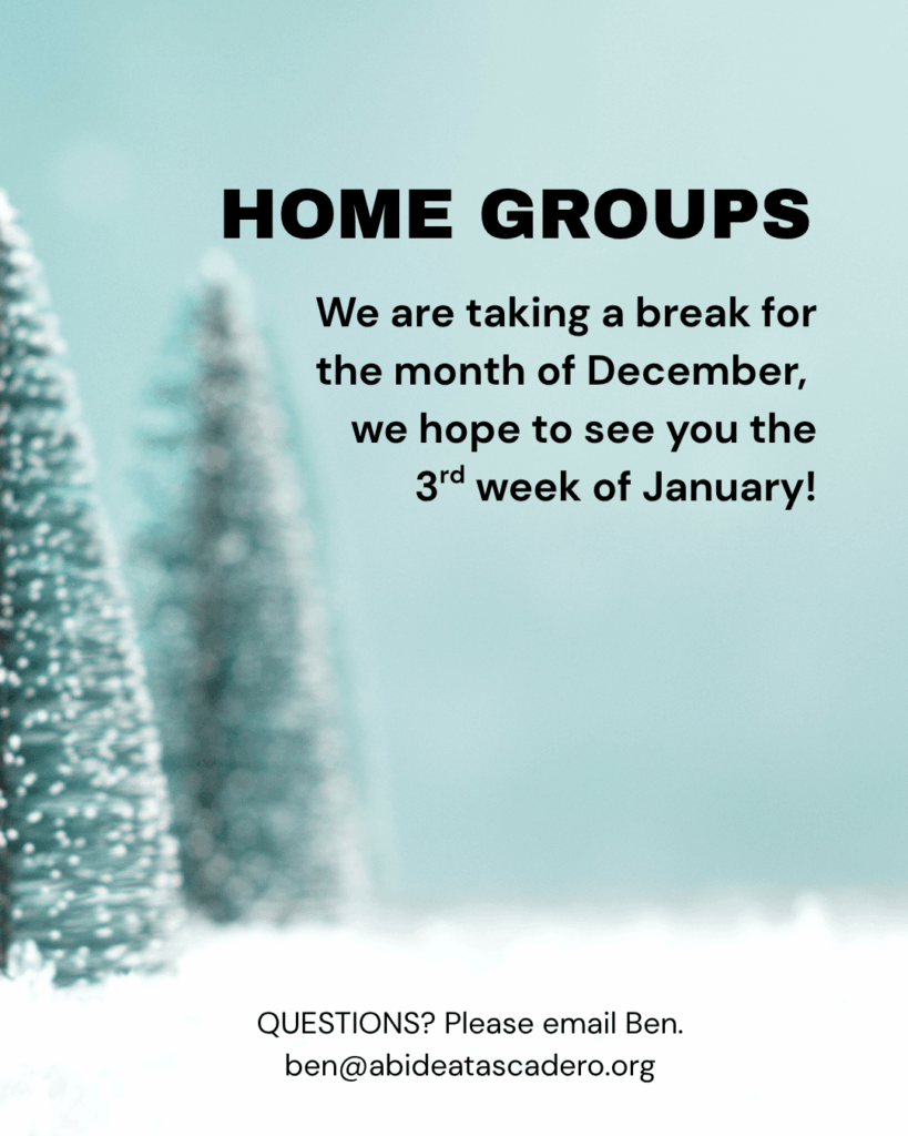 Winter-themed announcement with snowy trees and a light blue background. Text reads: “Home Groups — We are taking a break for the month of December; we hope to see you the 3rd week of January! Questions? Please email Ben at ben@abideatascadero.org” 